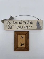 Small Cat Art Lot 8"x2" Cat Sign and 4x3 Cat Picture Lot of 2