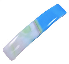 Stained GLASS BARRETTE 3.5" 90mm White Aqua BLUE Green Striped Swirl Large Clip