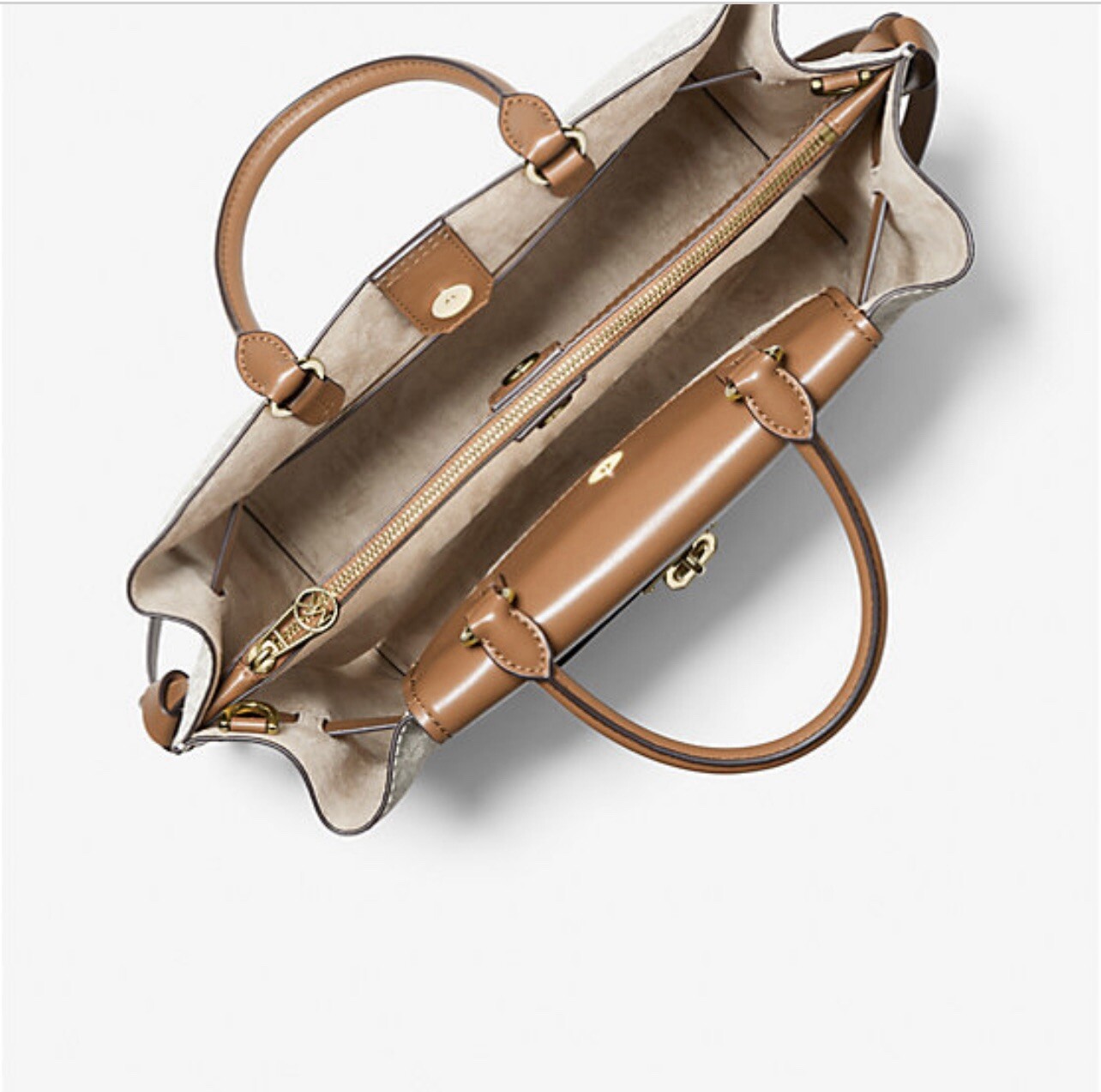 Authentic Michael Kors Hamilton Legacy Large Logo Belted Satchel Vanilla/Acorn thumbnail 2