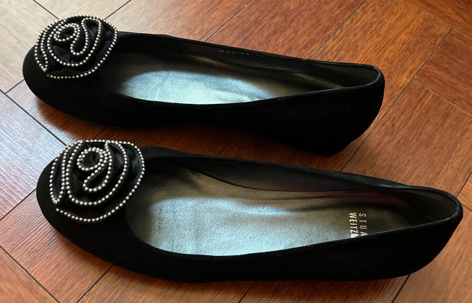 STUART WEITZMAN Round Toe Studded Rose Flats Blac… - image 1
