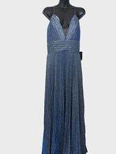 Mac Duggal Size 8 Shimmer Pleated V Neck Gown Blue Sleeveless Cocktail NEW