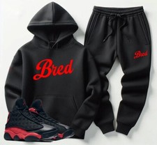 Men's Black Red Sweatsuit Hoodie Joggers To Match Air Jordan 13 Bred Tracksuit