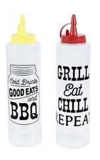 2 Clear BBQ Squeeze Bottle Condiment Dispensers 14oz Ketchup and Mustard
