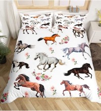 Horses Duvet Cover Set Full,Floral Plant Bedding Set 3pcs 80"x90"