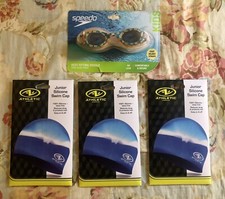 Lot Of 3 Athletic Works Junior Youth Silicone Swimming Caps, Plus Speedo Goggles