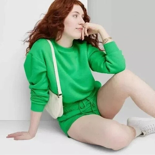 Wild Fable Women’s Vibrant Green Cotton Long Sleeve Crewneck Sweatshirt - 第 1/2 張圖片