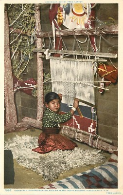 c1907 Fred Harvey Indian Postcard Tsonsi-Pah Navajo 6 year old Child Weaver Loom