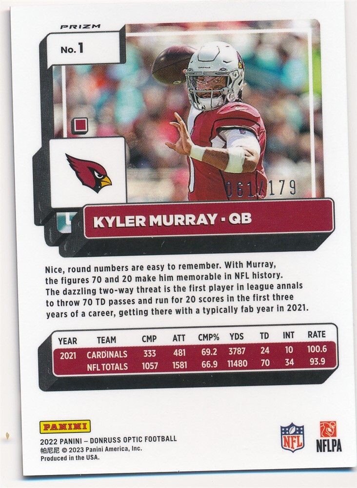 KYLER MURRAY 2022 DONRUSS OPTIC BLUE PRIZM #1 SP ARIZONA CARDINALS