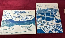 Unsigned Lithograph Linocut Poster Fishing Marina - Lot of 2