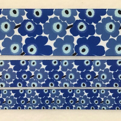 MOD style Flowers Grosgrain ribbon 5/8'' 7/8  1  1.5'' 3  Blue Floral