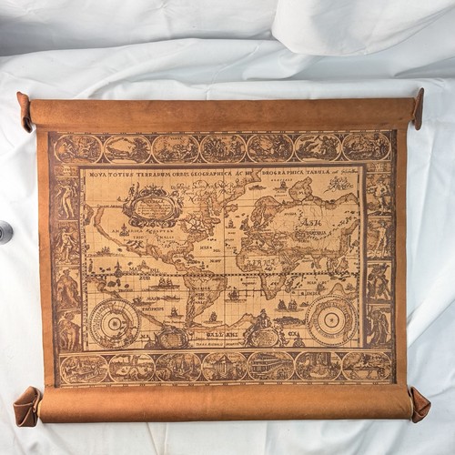 Vintage Leather Scroll 20” World Map Visscher Orbis Terrarum Wall Hanging 1980s