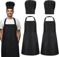 2 Pack Chef Apron and Hat, Adjustable High Cooking Apron Waterproof Black