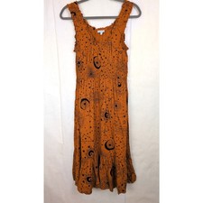 Patrons of Peace brown celestial print ruffled midi dress Size Small Boho Hippie