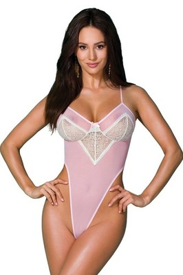 Stringbody Pamela rosa-weiß mit Spitze transparent elastisch Reizwäsche S M L XL