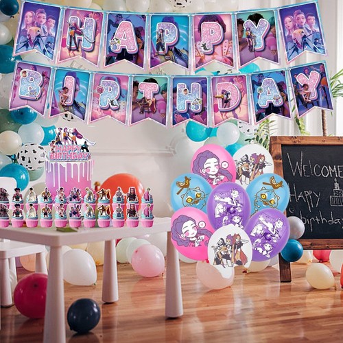 KPOP Kids Birthday Decor Set - Happy Birthday Banner, 12+1 Flags, 16 Balloons - Picture 5 of 5