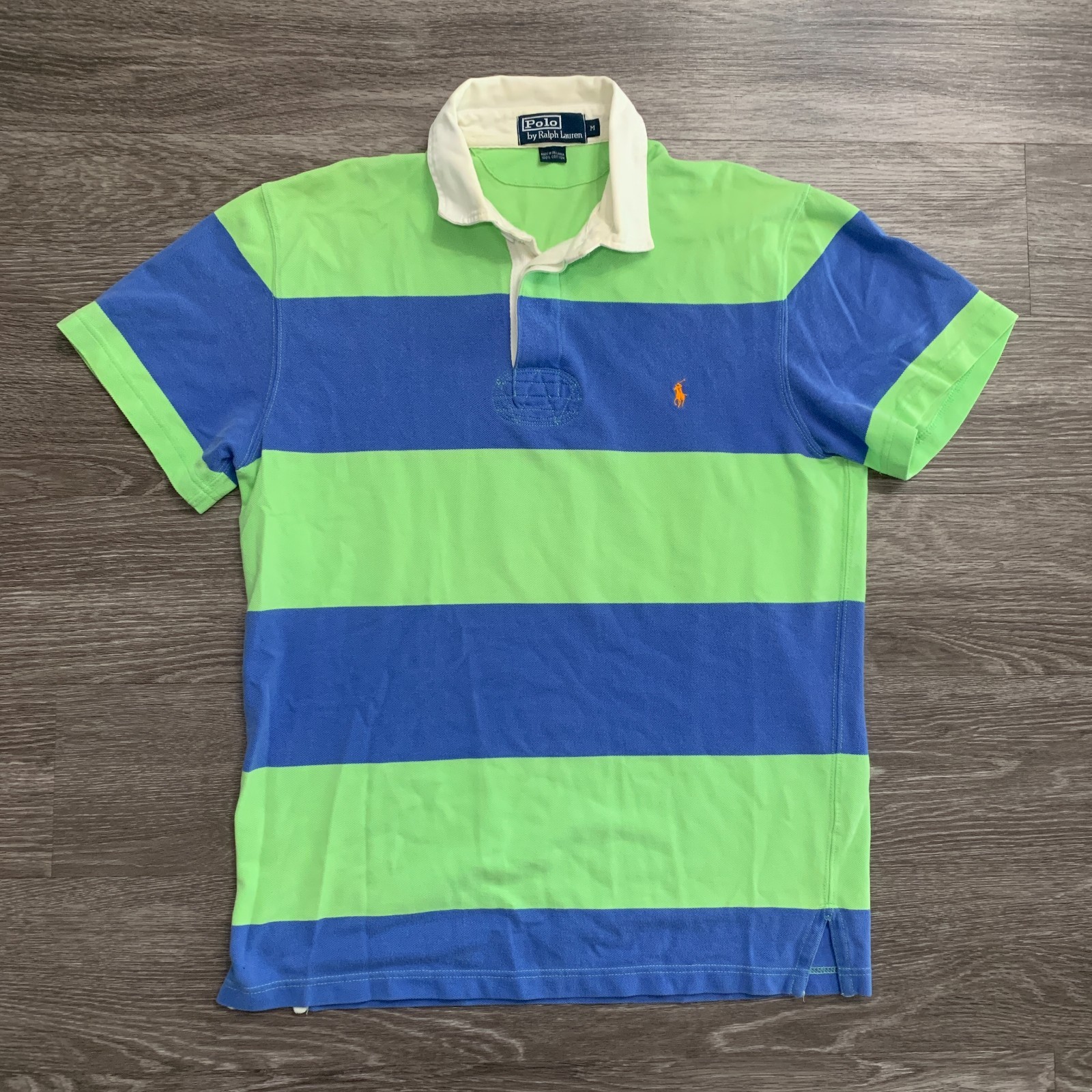 Vintage Polo Ralph Lauren Green/Blue/Orange Striped Rugby S/S Polo Shirt Sz. M
