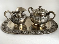 Sanborns Mexico Sterling Silver Aztec Rose Creamer, Sugar Bowl w lid & Tray 895g