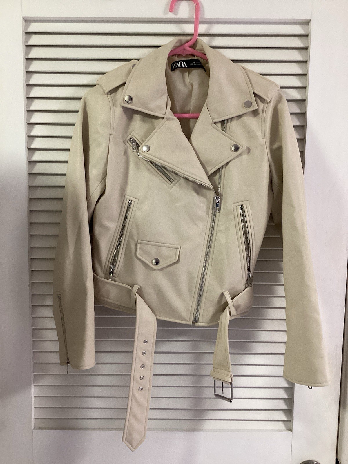 ZARA BASIC Beige Biker Jacket Collared Zipper Bel… - image 4