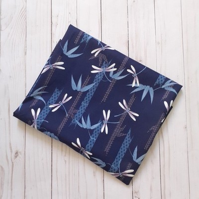 Asian-Style Dragonfly and Bamboo Pattern Cotton Fabric Blue 1 yard