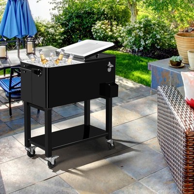80Qt Cooler Cart Outdoor Rolling Ice Chest Bin Beer With Wheels Shelf Keep Warm