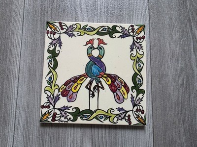 Hand-Painted Italian Ceramic Tile Peacock Design 6'' Wall Decor Trivet Marazzi