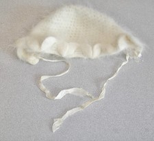 Vintage White Soft Mohair Baby Bonnet Ribbon Ties Bow Detail