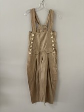 Vtg 1970s Pinafore Bib Overalls Sz 1 XS Women 100 Linen Barrel Leg Tan Jumpsuit