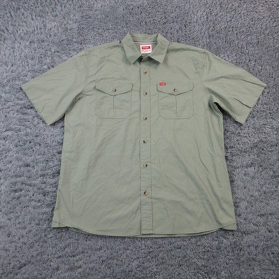 Wrangler Shirt Mens L Green Short Sleeve Button-Up Collared Pockets Stretch