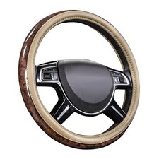 Wood Grain 14.5-15 inch Microfiber Leather Steering Wheel Cover, Anti beige