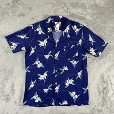 Vintage Paradise Found Hawaiian Shirt Mens M Blue Floral Star Orchid Aloha 80s