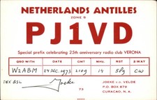 QSL radio card PJ1VD 1973 Curacao Antilles Netherlands Joeke V D Velde