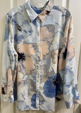 CHICO  S 3/XL16-18 Watercolor Floral Print Button Up Tunic Roll Tab Sleeves