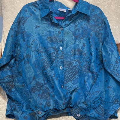 Womens Chicos Black Teal Floral Top Size 2 Casual Boho Artsy Tropical
