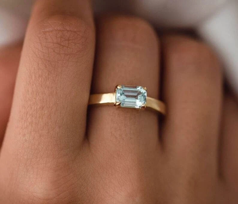 Natürlicher Smaragd Schliff Aquamarin Verlobungsring 10k Gelbgold Ring - Bild 4 von 4