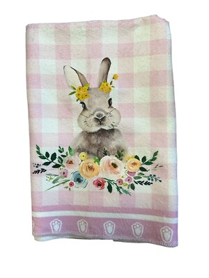 Cute Easter Kitchen Towel With A Bunny Surrounded By Flowers And Bunny Feet Trim