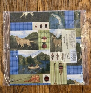 NIP Vintage Hallmark Brand Cabin Plaid Hunting Fishing Theme Gift Wrap Paper