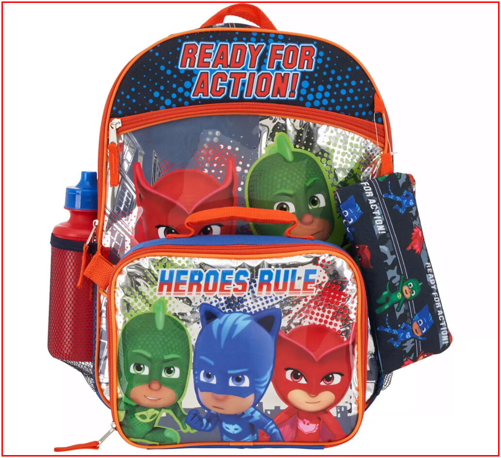 5 Piece- PJ MASKS Large Backpack + Lunch Box + Pencil Case +Cinch