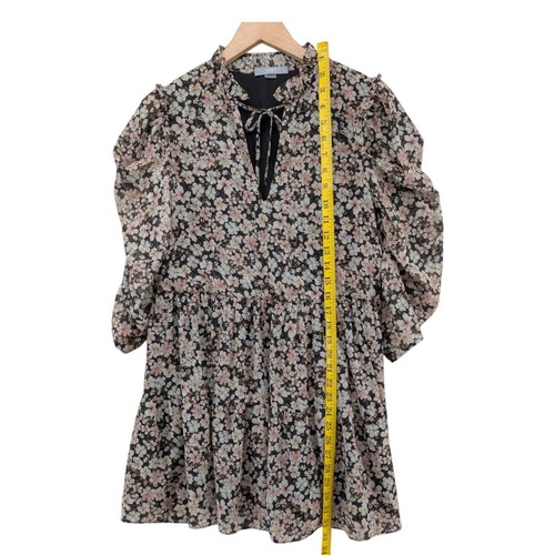 Tart Floral Mini Dress Black Multicolor 3/4 Sleeve Pleated Keyhole Neck Size XS - Picture 6 of 12