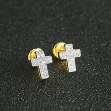 Men Women 925 Sterling Silver Cross Screw Back Earrings, Iced Flooded A9337