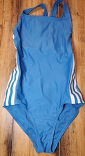ADIDAS Girl's Logo 3 Stripe Swimsuit Blue Size S Small EUC