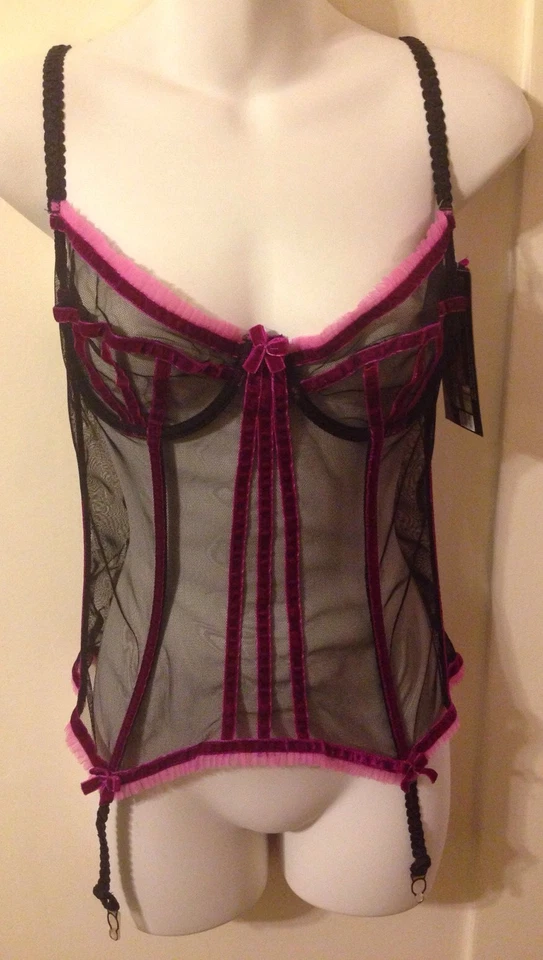 New Retro Purple & Black Leg Avenue 2pc Mesh & Velvet Trim Corset G-String Set L - Image 4 of 4