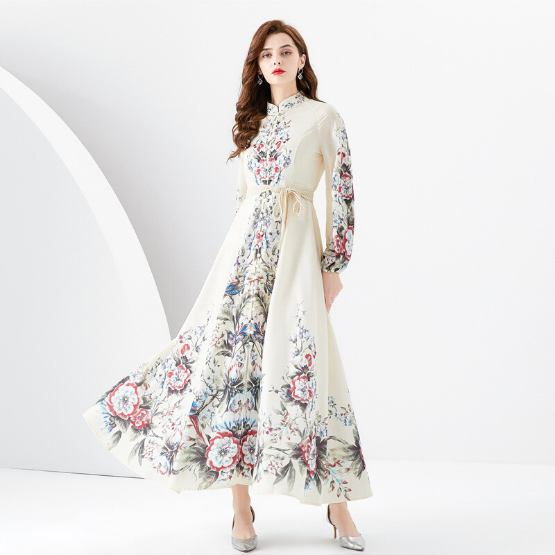 Retro Lantern Long Sleeves Stand Collar Slim Waist Printed Women Dress  Elegant