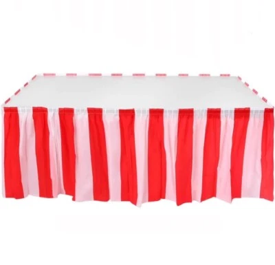 Red & White Striped Table Skirt Circus Carnival Carnival Theme JITU 14ft 29” - Photo 1/2
