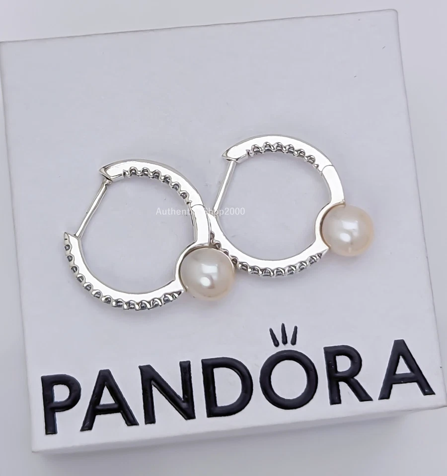 NEW 100% Authentic PANDORA 925 Cultured Pearl & Pavé Hoop Earrings 293171C01 - Image 2 of 4