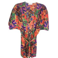 Vintage Val Mode Lingerie Belted Robe Paisley Red Purple Green Gold Sz Large USA