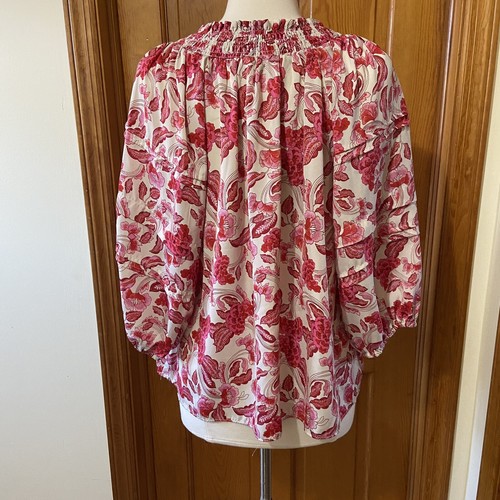 Rose + Olive Women’s Tunic Pink White Floral Top Large 3/4 Sleeve Off Shoulder - Picture 6 of 22