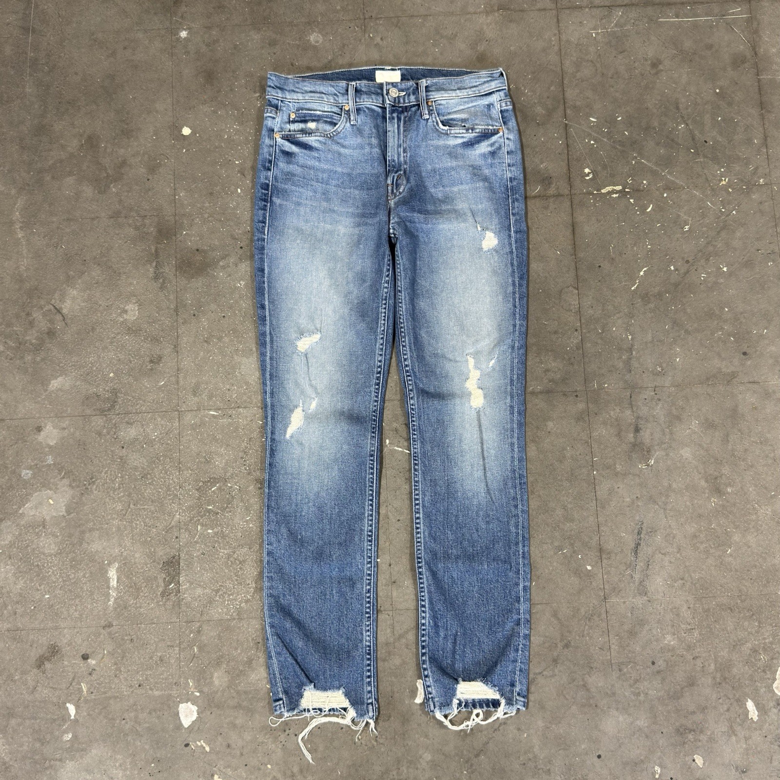 Mother The Flirt Cold Feet Distressed High Rise Straight Leg Blue Jeans Size 27