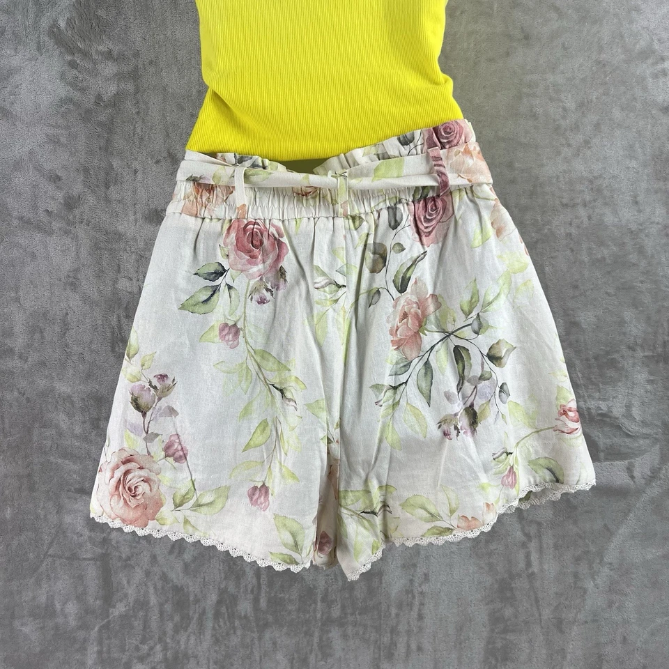 Caroline Constas Floral Linen Crochet Belted Short Women’s Small - Image 3 of 4