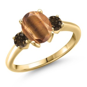 Authentic 18K Yellow Gold Plated Silver Brown Tiger Eye and Smoky Quartz Engagement Ring