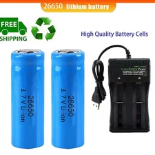 2PCS 26650 3.7V Battery Rechargeable Cell Batteries With 2 Slot Charger